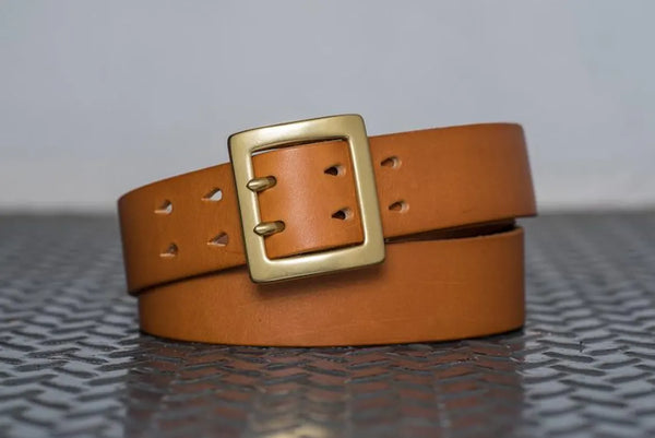 CUSTOMIZABLE - 4 COLORS Natural Vegetable-tanned Leather Stitched Double Garrison Belt (1.5 inch, 38 mm wide)