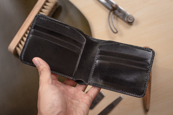CUSTOMIZABLE - 6-Slot All Black Shell Cordovan Leather Billfold Wallet