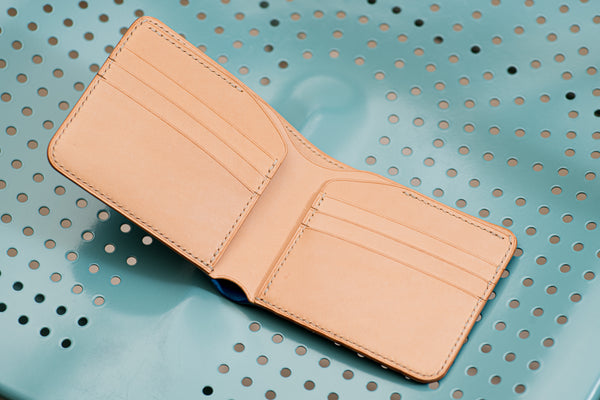 7 COLORS - Navy Blue Shell Cordovan & Natural Leather 6-Slot Two-tone Billfold Wallet