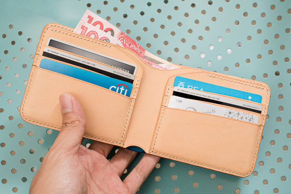 7 COLORS - Navy Blue Shell Cordovan & Natural Leather 6-Slot Two-tone Billfold Wallet