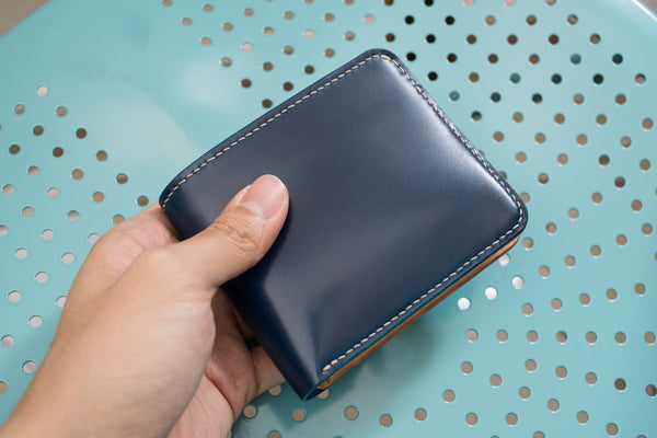7 COLORS - Navy Blue Shell Cordovan & Natural Leather 6-Slot Two-tone Billfold Wallet