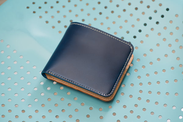 7 COLORS - Navy Blue Shell Cordovan & Natural Leather 6-Slot Two-tone Billfold Wallet