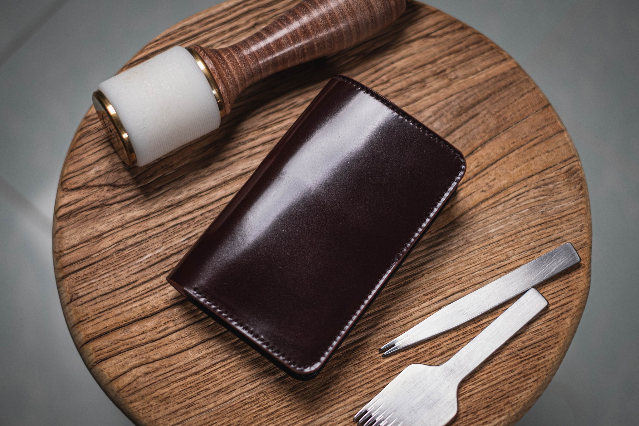 CUSTOMIZABLE - Burgundy Shell Cordovan and Black Buttero Leather Middle Billfold Wallet