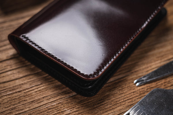 CUSTOMIZABLE - Burgundy Shell Cordovan and Black Buttero Leather Middle Billfold Wallet