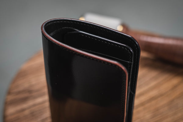 CUSTOMIZABLE - Burgundy Shell Cordovan and Black Buttero Leather Middle Billfold Wallet