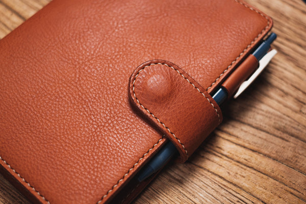 6 COLORS - B6/Stalogy Orange-brown Snap Closure Pebbled Leather Notebook Cover with Card Slots