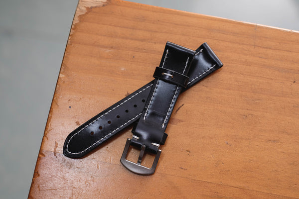 Black Shell Cordovan Leather Tapered Basic Watch Strap (18, 20, 22 and 24 mm)