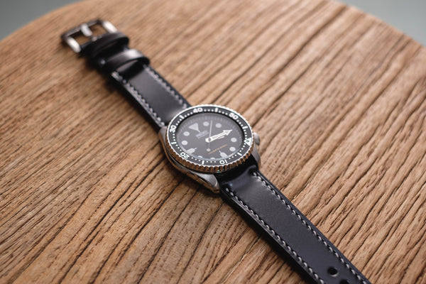 Black Shell Cordovan Leather Tapered Basic Watch Strap (18, 20, 22 and 24 mm)