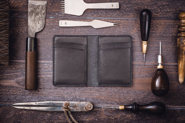 Black Shell Cordovan & Buttero Leather 4-Slot Vertical Card Wallet - Malloria