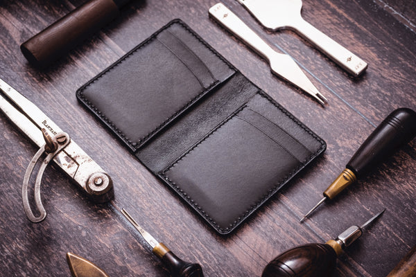 Black Shell Cordovan & Buttero Leather 4-Slot Vertical Card Wallet - Malloria