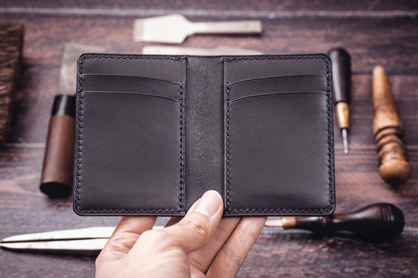 Black Shell Cordovan & Buttero Leather 4-Slot Vertical Card Wallet - Malloria