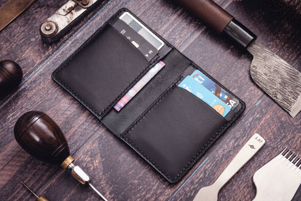 Black Shell Cordovan & Buttero Leather 4-Slot Vertical Card Wallet - Malloria