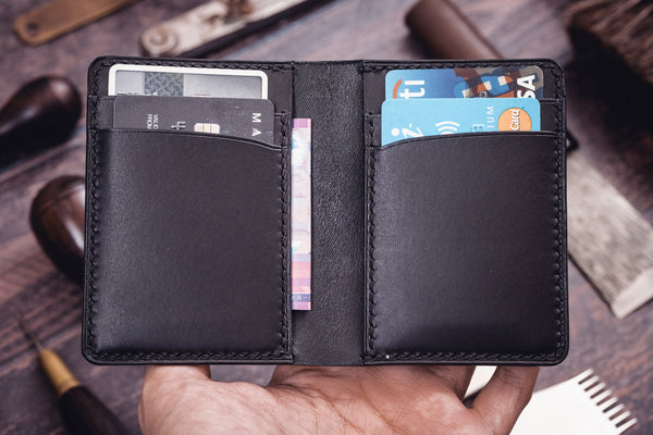 Black Shell Cordovan & Buttero Leather 4-Slot Vertical Card Wallet - Malloria