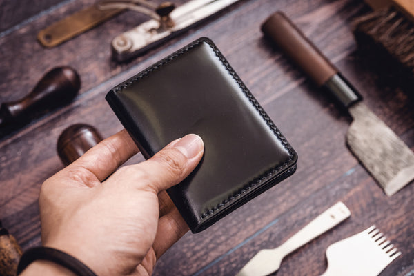 Black Shell Cordovan & Buttero Leather 4-Slot Vertical Card Wallet - Malloria