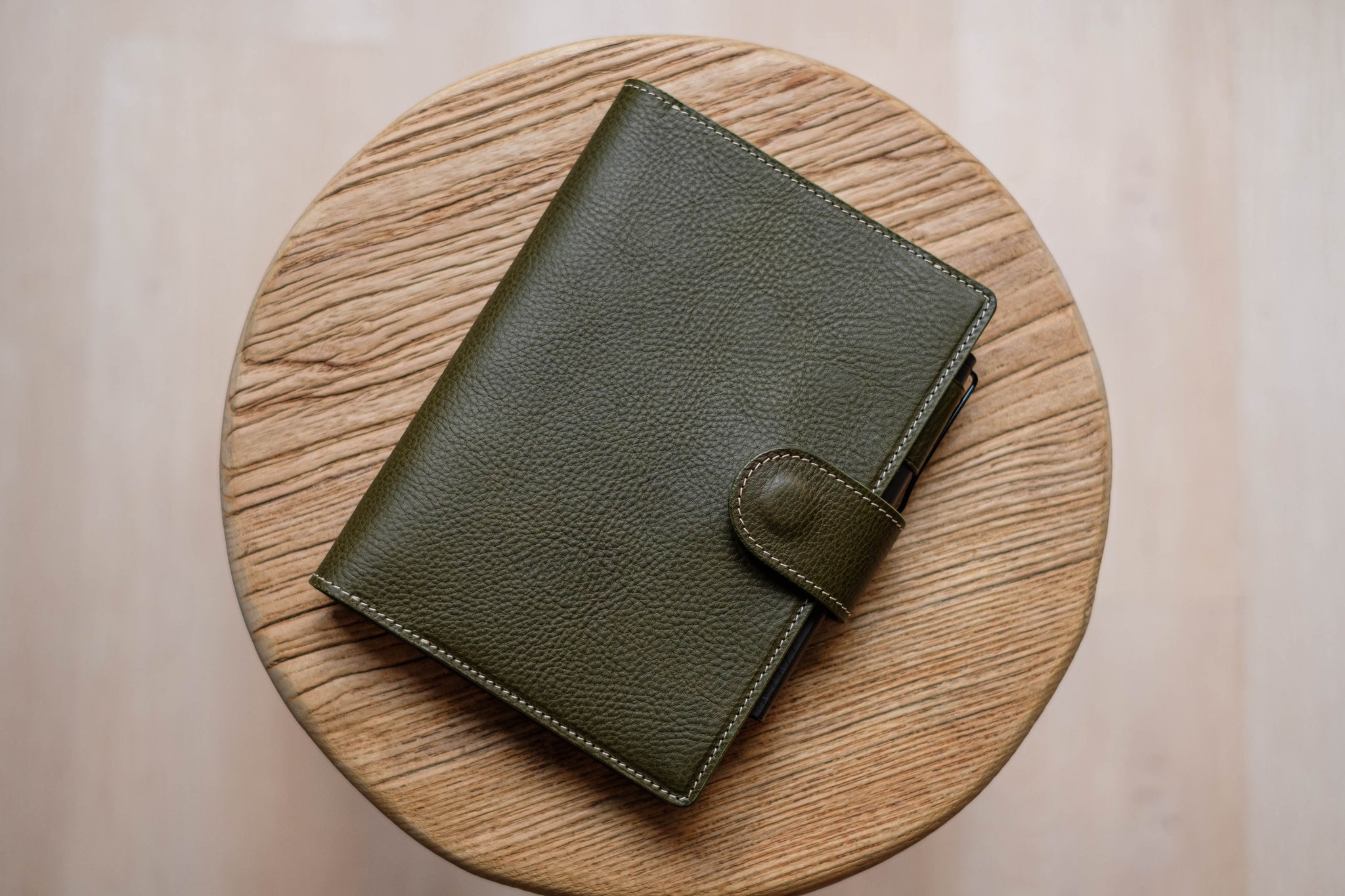 6 COLORS - B6/Stalogy Olive Green Snap Closure Pebbled Leather Notebook Cover with Card Slots