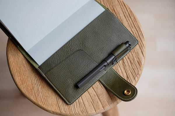 6 COLORS - B6/Stalogy Olive Green Snap Closure Pebbled Leather Notebook Cover with Card Slots