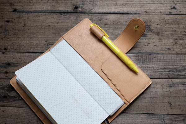 Two-tone Lined Weeks Snap Closure Pebbled Leather Notebook Cover with Card Slots