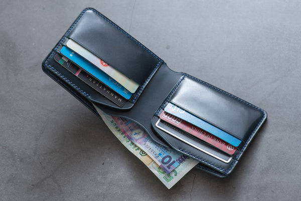 CUSTOMIZABLE - 6-Slot Black and Navy Blue Shell Cordovan Leather Billfold Wallet