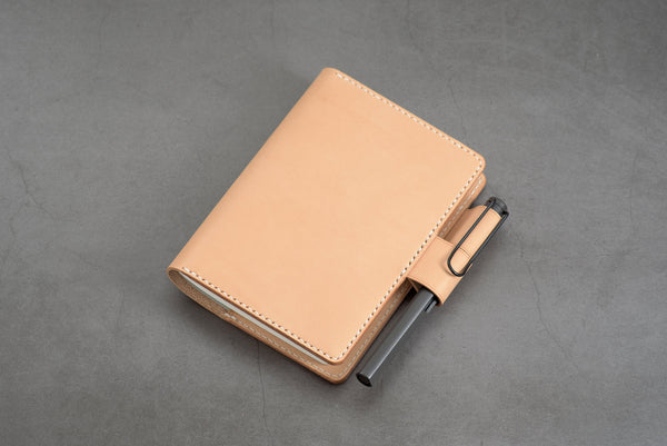 A6/Hobonichi/Midori MD Natural Leather Notebook Cover with card pockets and interlocking pen loops