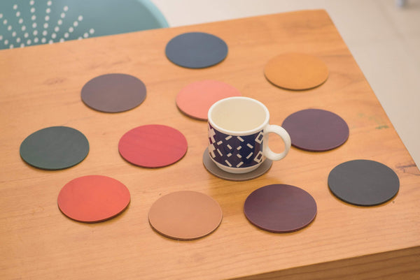 12 COLORS- Buttero Leather Round Coaster Set (Plain) - Malloria