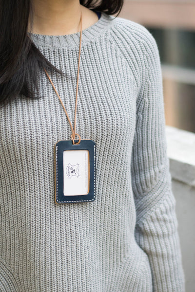 Navy Blue  Leather ID Card Holder (Tall)